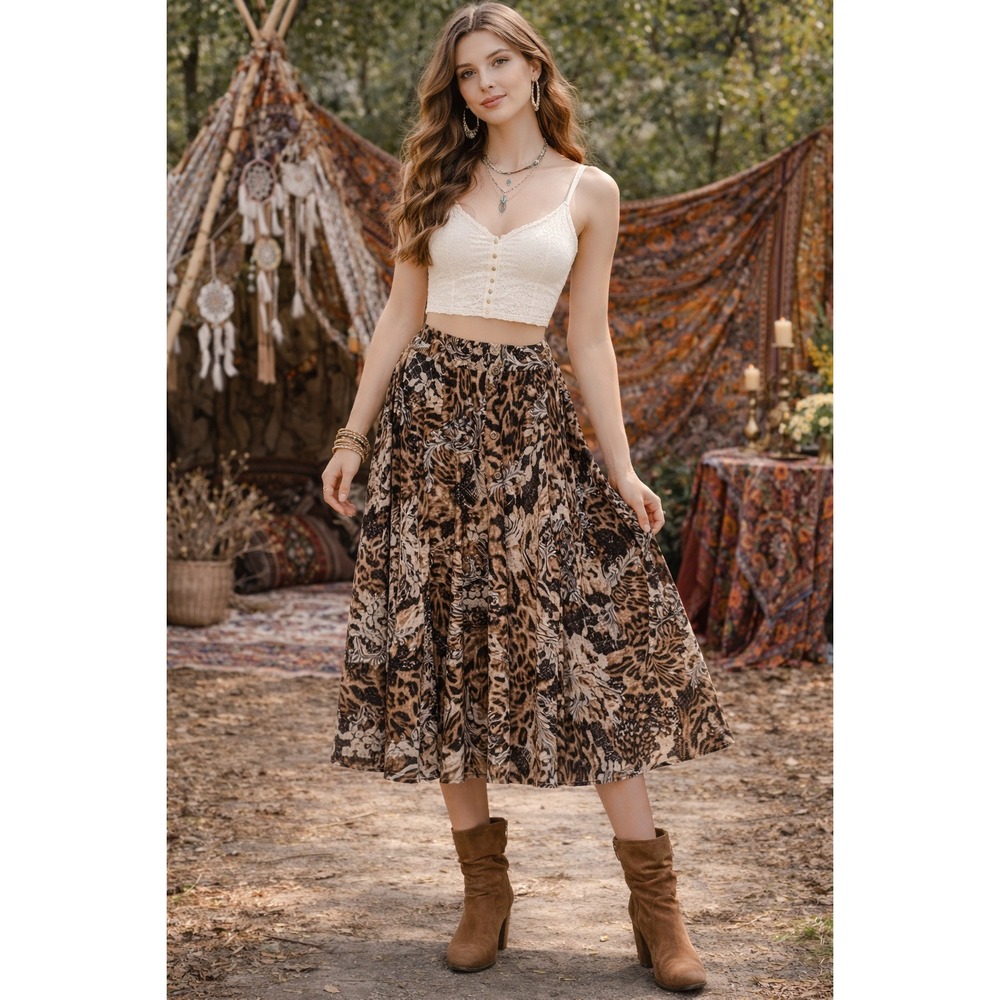 Boho Chic Cottagecore Fairy Tan Black Leopard Knit Button Front L Maxi‎ Skirt